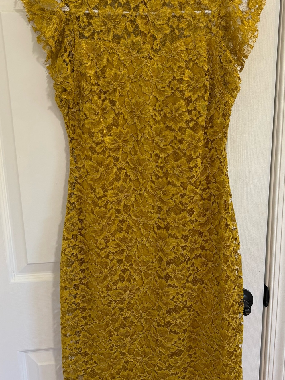 Women's Mustard Lace Midi Dress - Elegant Floral Sheath